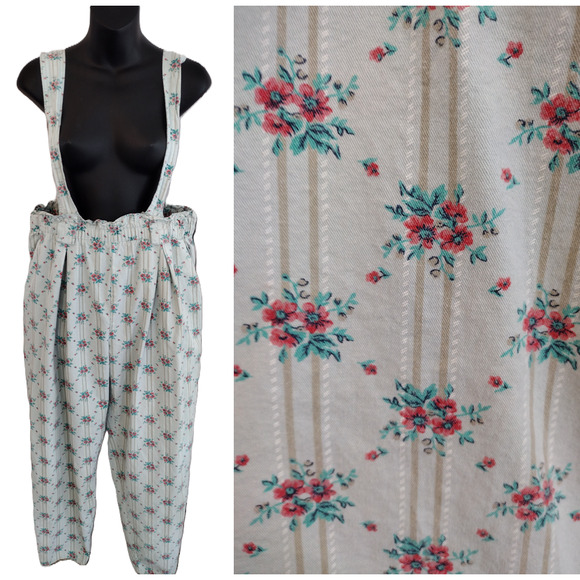 Vintage Pants - Best American Clothing Co Vintage 90s Floral Paperbag Waist Bib Overall Jumpsuit